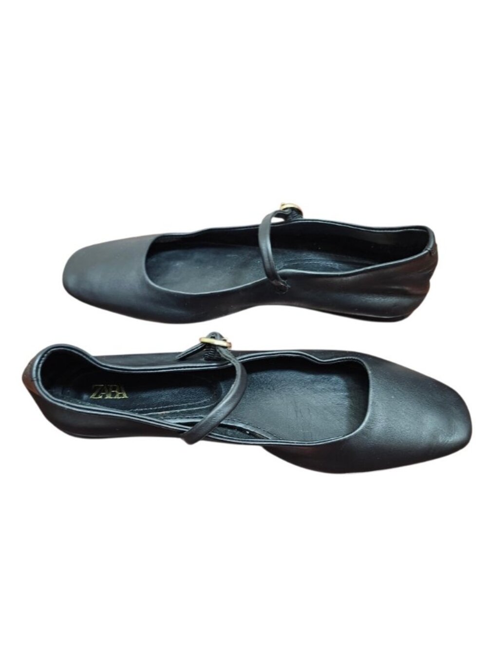 ZARA Black Leather Mary Jane Ballet Flats Women's EU 37 US 6.5 Buckle Square Toe - Picture 6 of 11